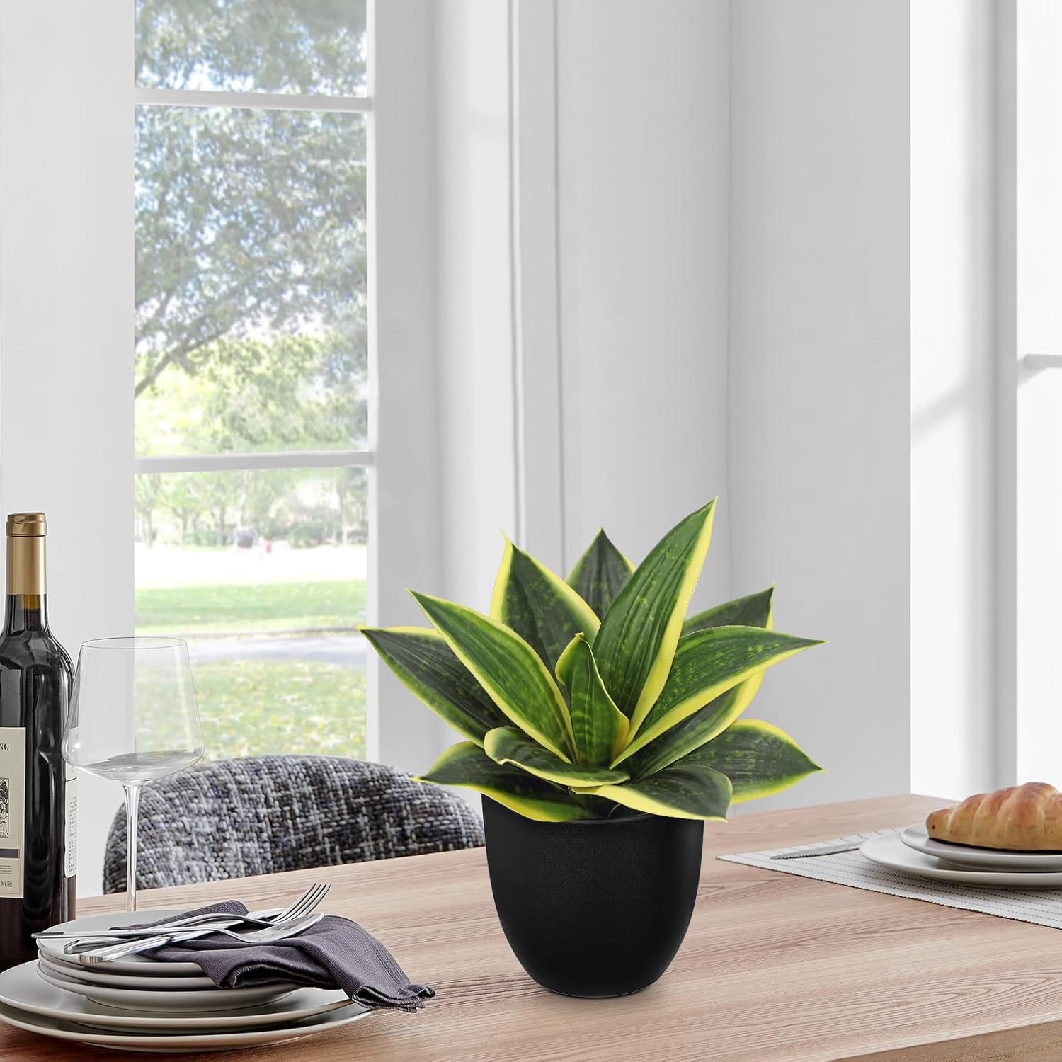 Hollyone Artificial Snake Plants 9" Faux Agave Succulent Plant Potted in Black Pot Fake Sansevieria Aloe Tropical Plant for Desk Modern Office Home Bathroom Indoor Outdoor Decor