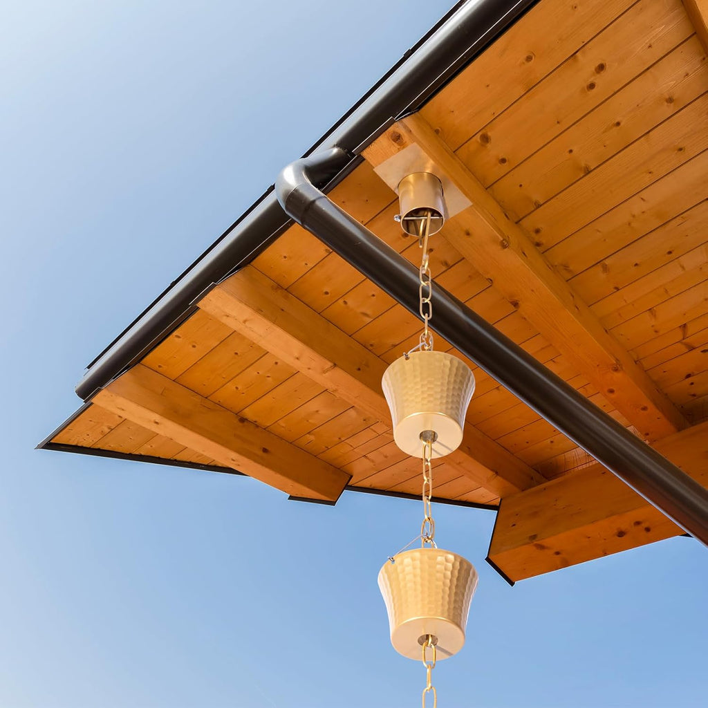 Rain Chain for Outside with Adapter,Wrought Iron Rain Chains Set 8.5 Ft,Not Rust, Gotta Drain with Metals Anchoring Stake, 14 Cups, 1 Hook, Adjustable Gutter Downspout for Outdoor(Gold)