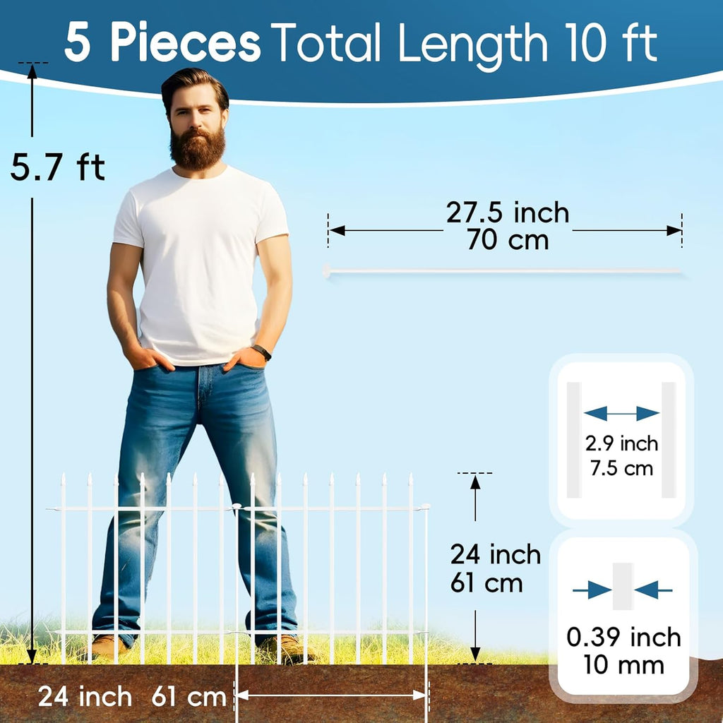 Metal Garden Fence 24" W x 24" H (5 Panels, Total 10 ft), Decorative Border Folding Fence, Landscape Fencing for Flower Bed, Yard, Animal Barrier