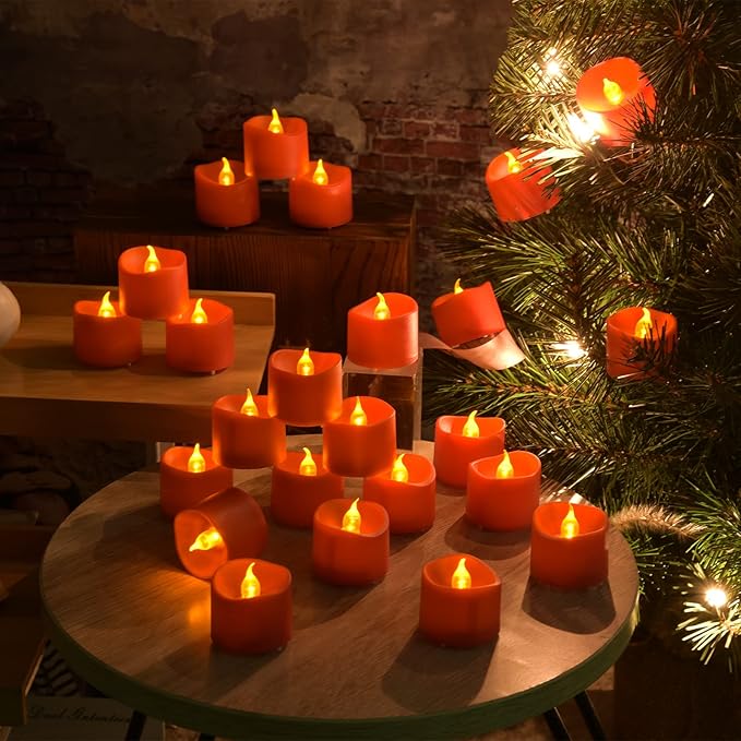 JOSU 24PCS Tea Lights Flameless Candles, Realistic Votive Tealight, Battery Operated Candles with Warm Light for Confession Propose Marriage Wedding Halloween Christmas Home Dinner Party Decor (Red)