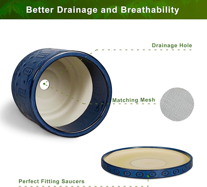 10 Inch Plant Pot - Ceramic Planter Outdoor Plant Pot Indoor with Drainage Holes and Saucer Large Flower Pot Round Decorative Planter for Garden Patio Decor Blue