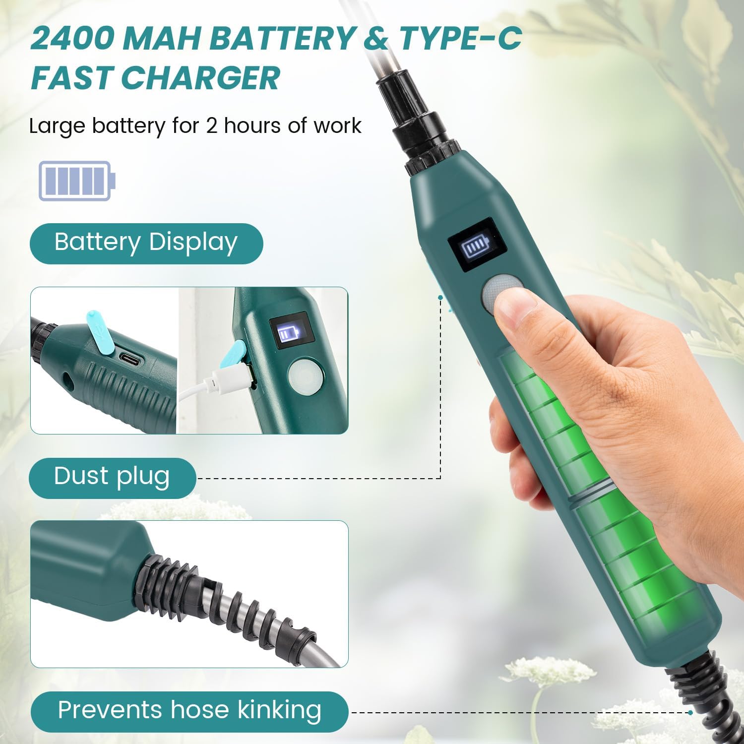 TOOVEM Electric Garden Sprayer with Battery Indicator,23.6inch Battery Powered Sprayer Wand with 16.4FT Hose,Rechargeable and Portable Spray Wand for Yard, Lawn and Garden(3 Nozzles)