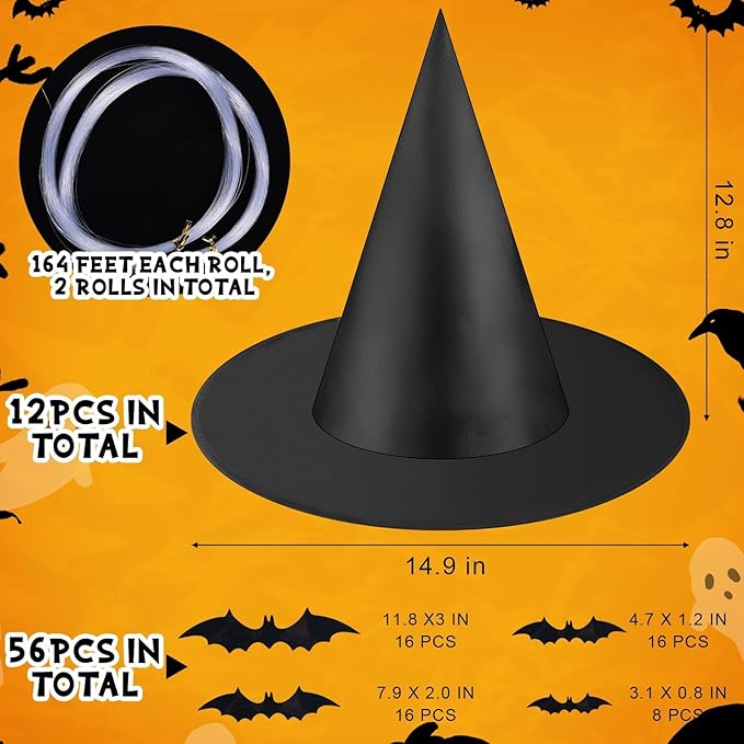80 Pcs Halloween Hanging Witch Hats and Taper Floating Candles Set Includes 12 Witch Hats 12 LED Floating Candles Lights 56 3D Bats Wall Stickers for Halloween Decoration Front Porch Yard Decor