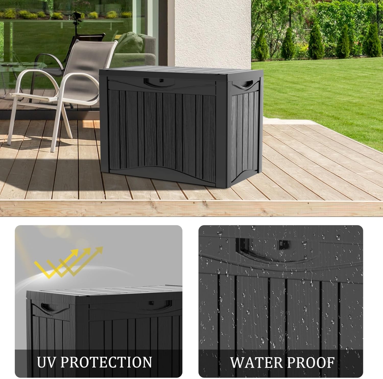 50 Gallon Heavy Duty Outdoor Deck Box with Lockable Lid, All Weather Waterproof Storage for Patio Cushions, Pool Toys, Garden Tools - Rust-Proof Resin Design (Black)