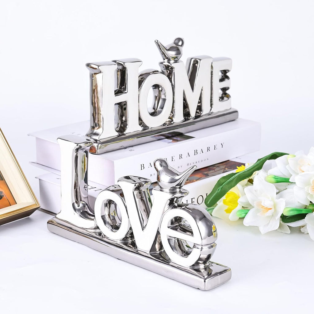 Love Sign Decoration,White and Silver Love Signs for Home Decor,Bird Sculpture Personalized Love Decor,Chrome Style Figurine Decorative Ornaments for Living Room,Bedroom,Desktop (Home, White+Silver)