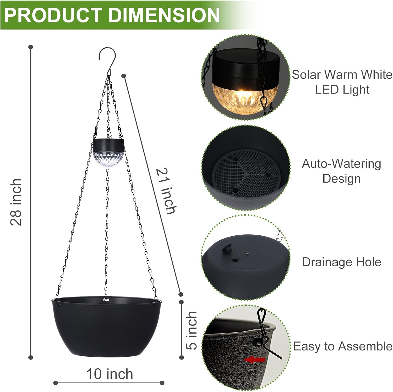 2 Packs Solar Hanging Basket Planters for Plants Outdoor, Self Watering Black Flower Plants Pots with Solar Light Drainer for Balcony Patio Garden Outdoor Decoration