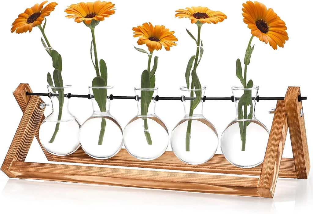 Retro Wood Stand Plant Terrarium with 5 Air Planter Bulb Glass Vases, Perfect for Home, Office, or Wedding Decor. Great Desktop Propagation Station and Plant Lover Gift for Women (5 Bulb Vase)