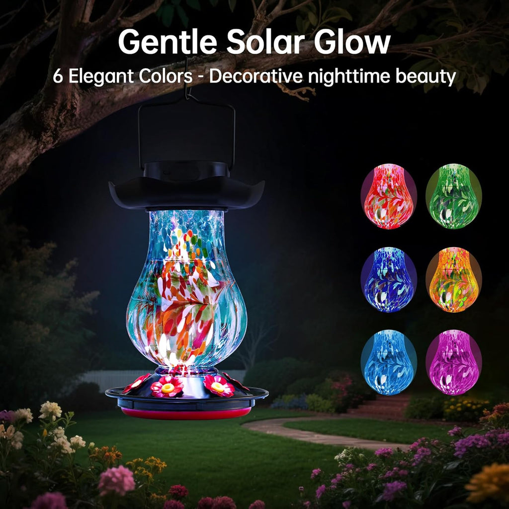 Solar Hummingbird Feeder for Outdoor - 25 fl.oz Hand Blown Glass Hummingbird Feeders for Outdoors Hanging, Large Capacity with Moat, 6 Colors Changing Light Outside Garden Decor (Blue)