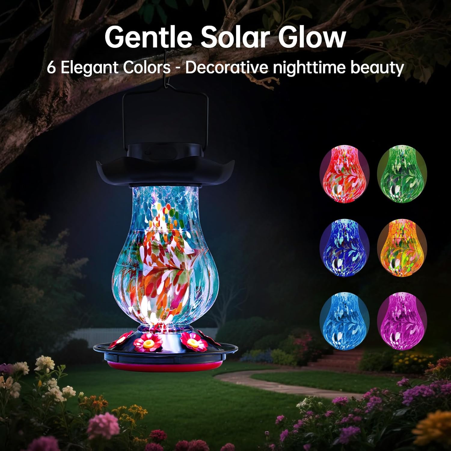 Solar Hummingbird Feeder for Outdoor - 25 fl.oz Hand Blown Glass Hummingbird Feeders for Outdoors Hanging, Large Capacity with Moat, 6 Colors Changing Light Outside Garden Decor (Blue)