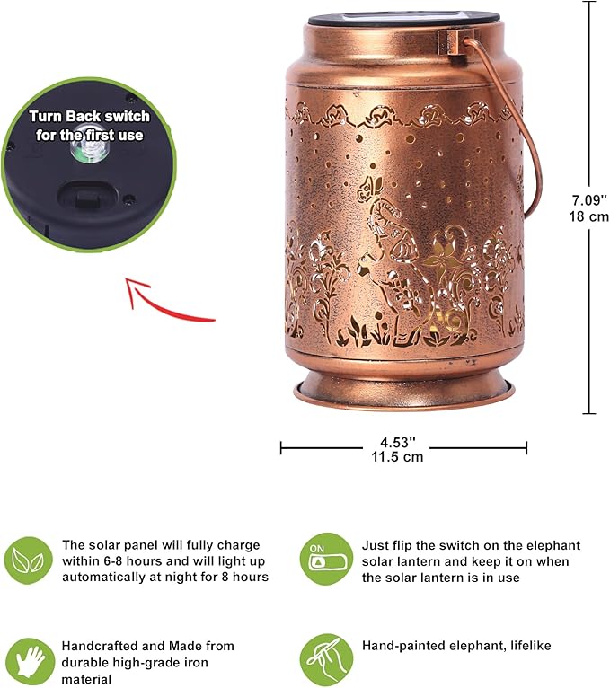 Nacome Elephant Solar Lantern for Garden Decor: Waterproof Hanging Metal Decoration with LED Lights for Yard Lawn Porch Patio Landscape Pathway – Birthday Gifts for Mom Grandma Women