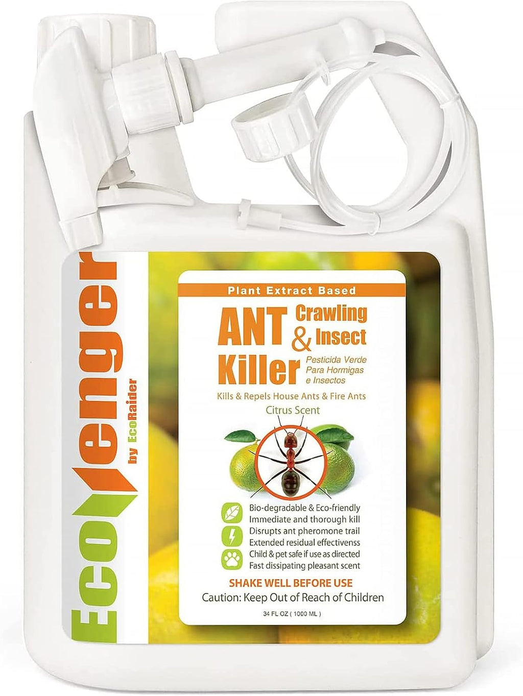EcoRaider Ant & Crawling Insect Killer (34 OZ), 100% Fast Kills, Also Kills Fire Ants. Lasting Repellency, Safe for Children & Pets