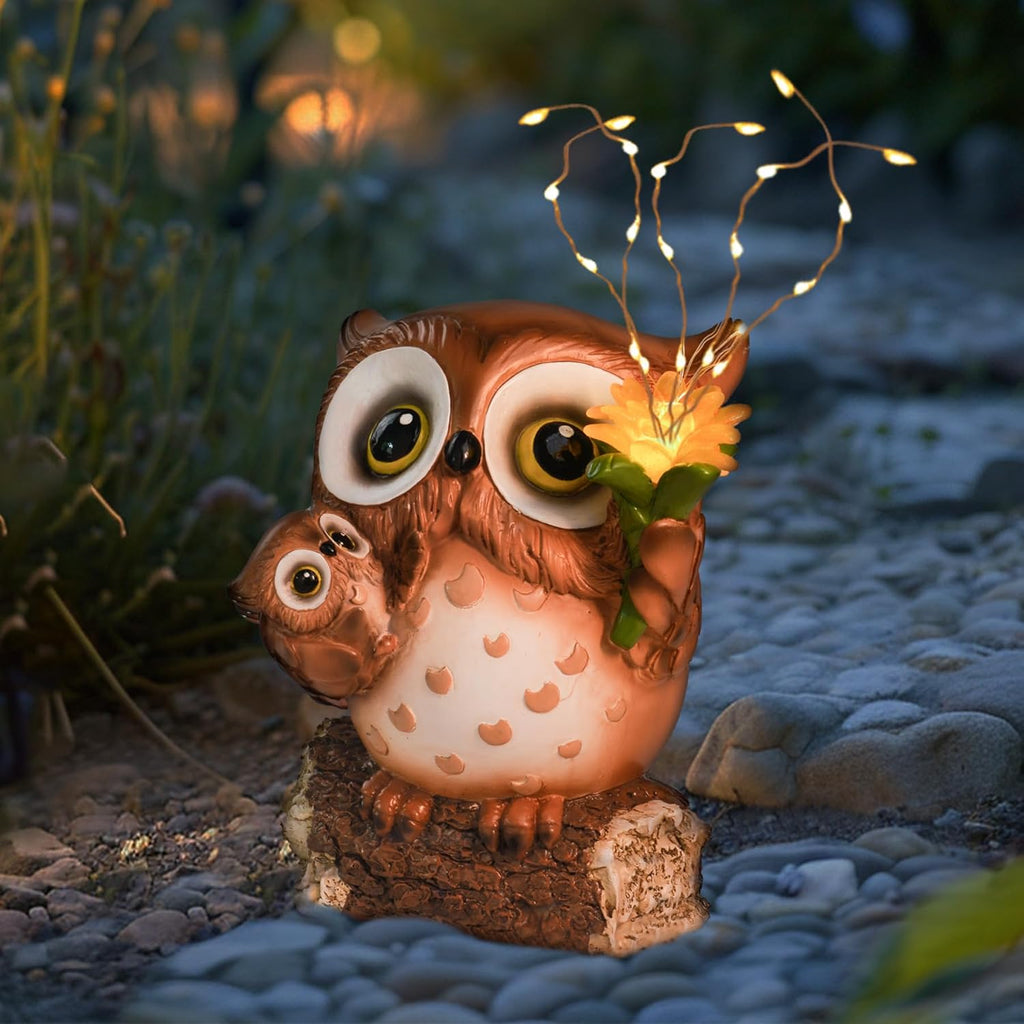 Solar Garden Statues Outdoor Decor, Fairy Owl Statue Garden Decor, Resin Yard Decorations Outdoor for Patio, Porch, Balcony, Lawn Ornaments, House Warming Birthday Gifts for Mom Women Grandma
