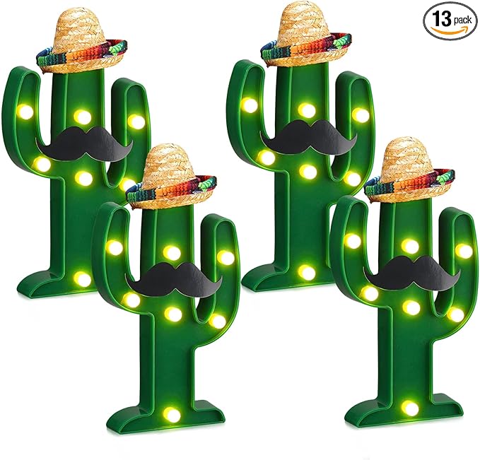 12 Pcs Cinco de Mayo LED Cactus Light with Mini Sombrero Straw Hats and Fake Beard Cinco De Mayo Table Decor Mexican Party Supplies for Table Room Bedroom Party Decoration (4.72 x 2.76 Inch)