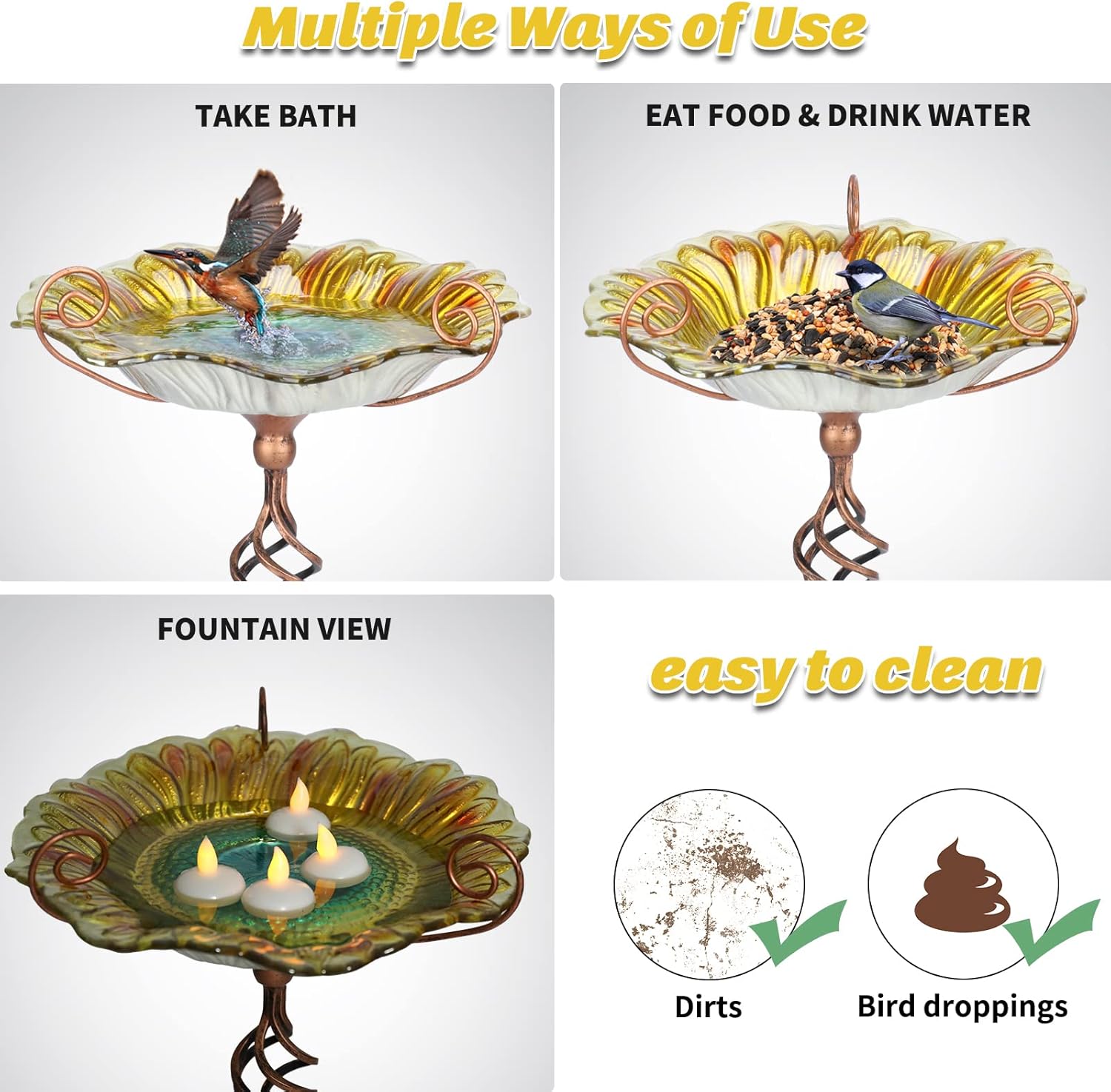 MUMTOP Bird Baths for Outdoors,Outdoor Bird Bath, Glass Birdbath Sunflower Bird Feeders Bowl with Stake for Garden Yard Decor (Yellow)