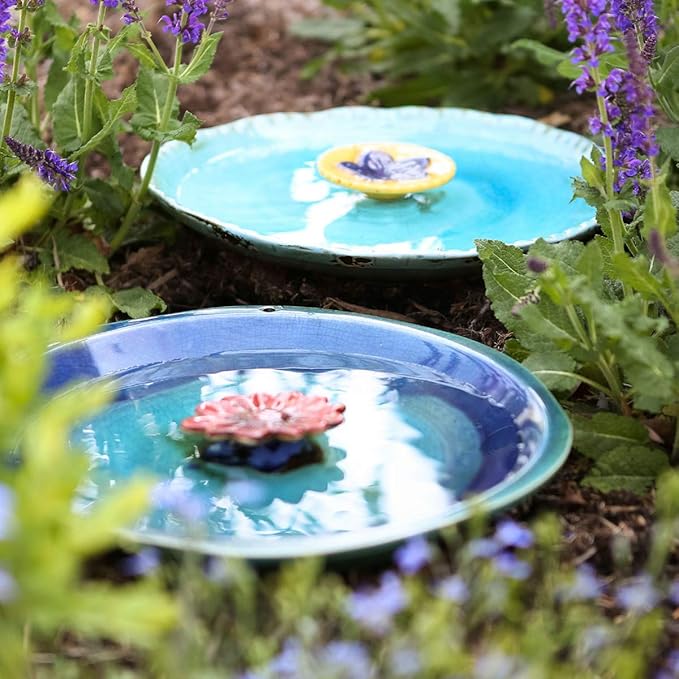 Topadorn Birdbath Ceramic Bowl Decor for Bee Bird Bath Outdoor Garden Vintage Yard,Blue with Red Flower