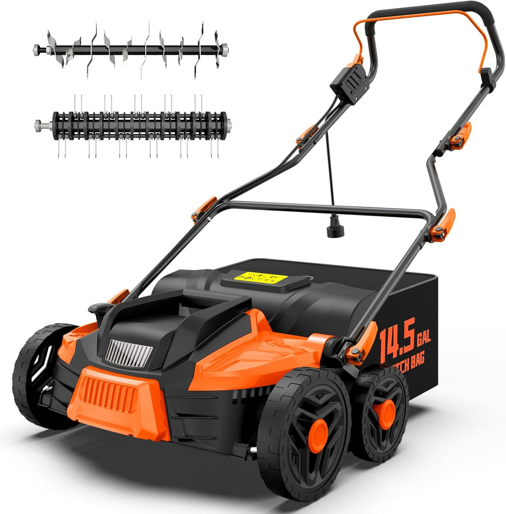 16-Inch 15.5 Amp 2-in-1 Electric Dethatcher and Scarifier with 14.5-Gallon Removable Thatch Collection Bag, Lawn Dethatcher with 5-Position Adjustment, Quick-Fold, Keeps Lawn Healthy - Orange