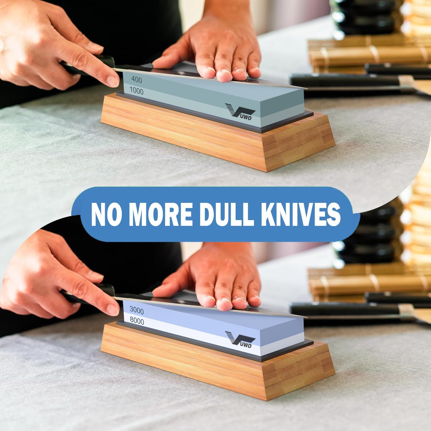 Knife Sharpening Stone Kit - Whetstone Grit 400/1000 3000/8000 Premium Knife Sharpener Wet Stone Set with Bamboo Base Angle Guide Leather Strop Flattening Stone Silicon holder