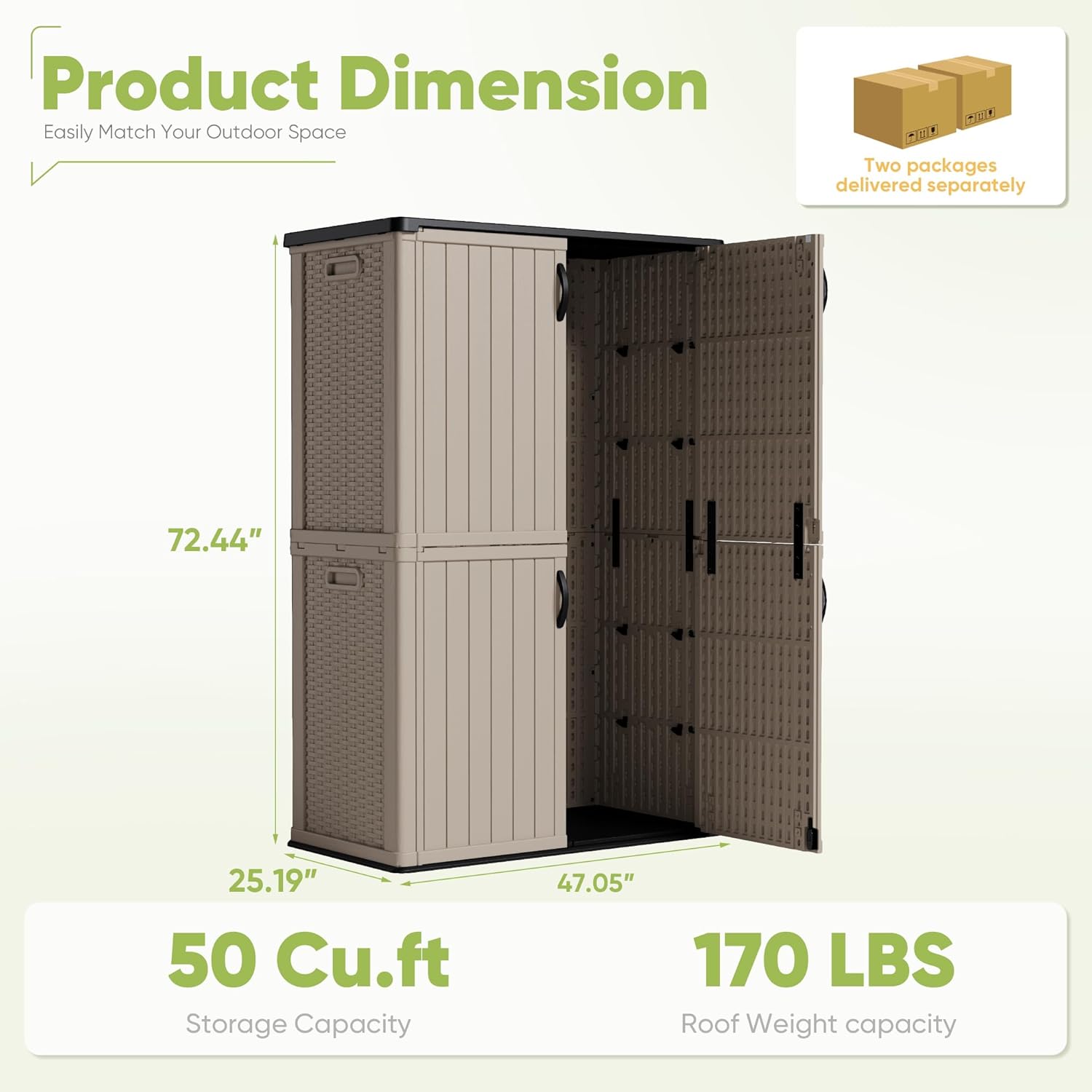 Devoko Outdoor Storage Cabinet 50 Cu Ft with Lockable Doors, Vertical Storage Shed Waterproof Patio Tools Storage Box for Sofa Cushions, Gardening Tools and Accessories (Beige)