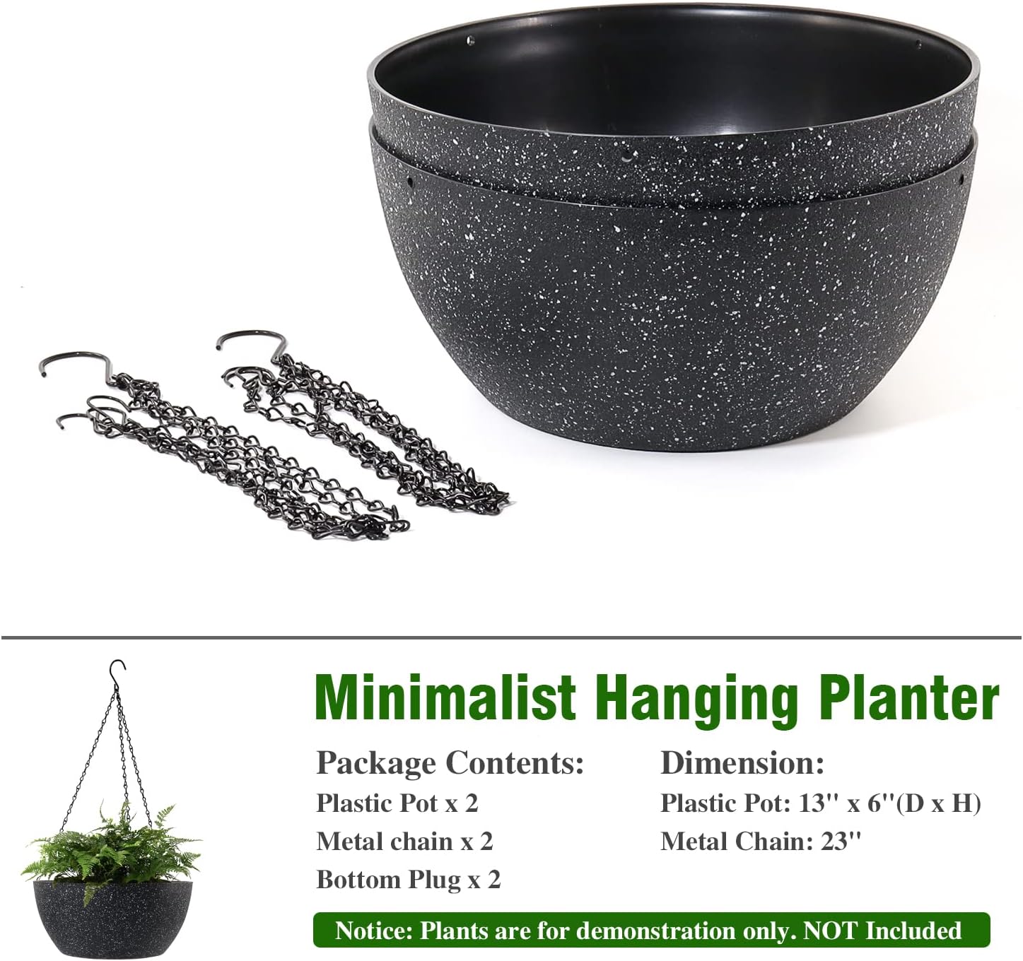 13 inch Large Hanging Planters Plant Pots for Outdoor Indoor Plants with Drainage Holes and Chain, 2 Pack Round Hanging Flower Pots for Garden Home Porch Decor, Speckled Black