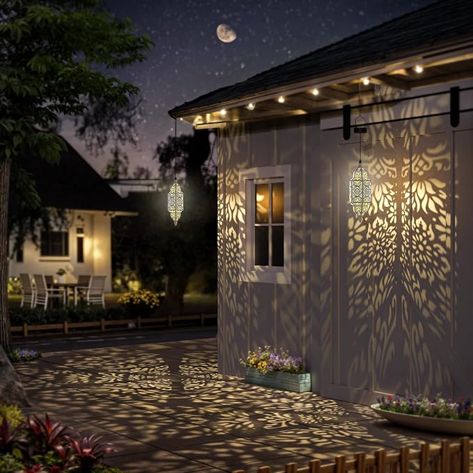 Twinkya 2 Pack Hanging Solar Lights Outdoor Garden Decorative Solar Lantern Waterproof Metal Moroccan Outdoor Decorations for Patio Pathway Yard Porch Backyard Garden Decor (White, 2 Pack)