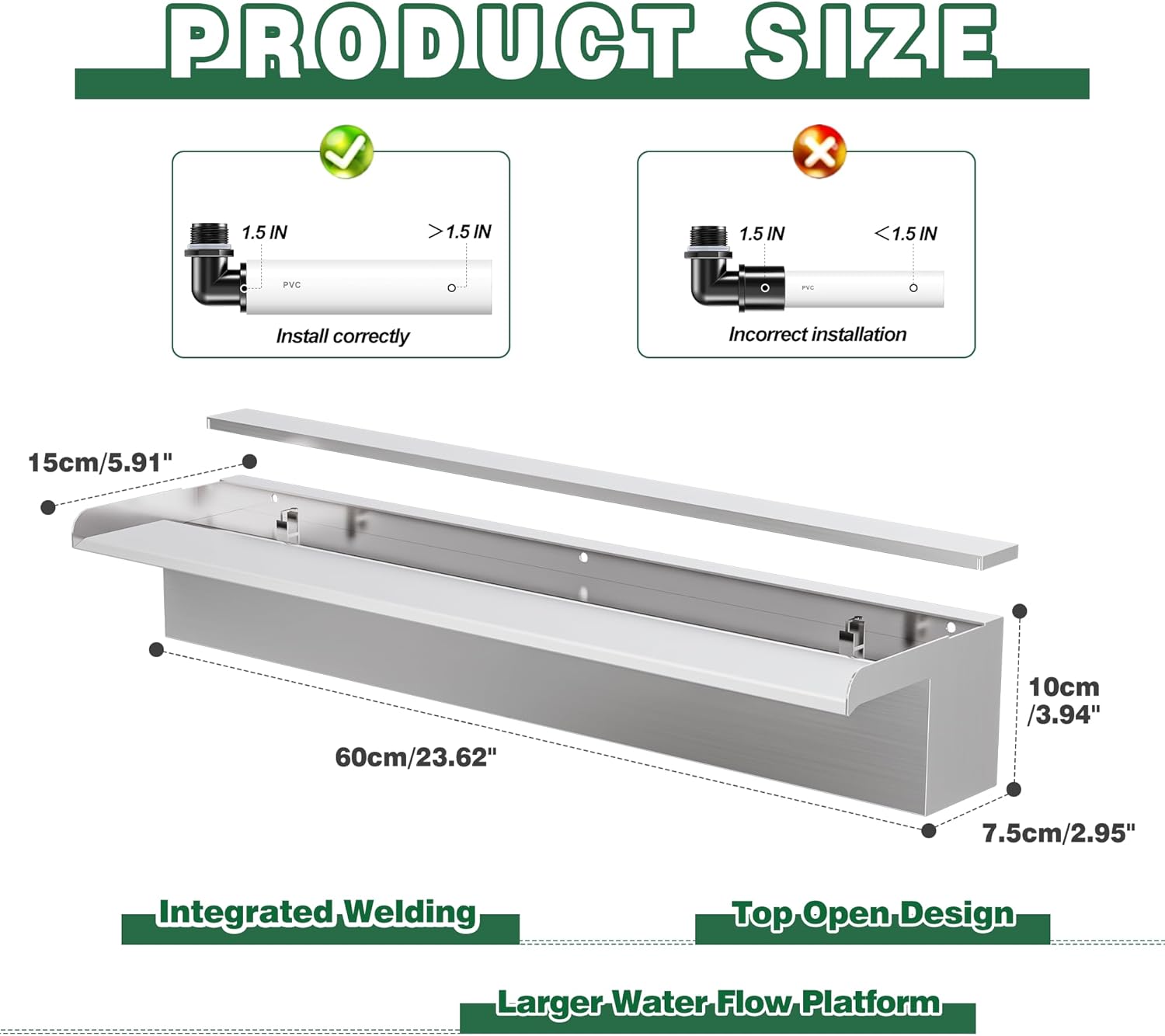 Waterfall Pool Fountain LONGRUNNEW 304 Stainless Steel 23.6" Rectangular Waterfall Spillway, Water Fall Fountain with Pipe Connector for Garden Outdoor, Swimming Pools, Fountains, Pond and Spa
