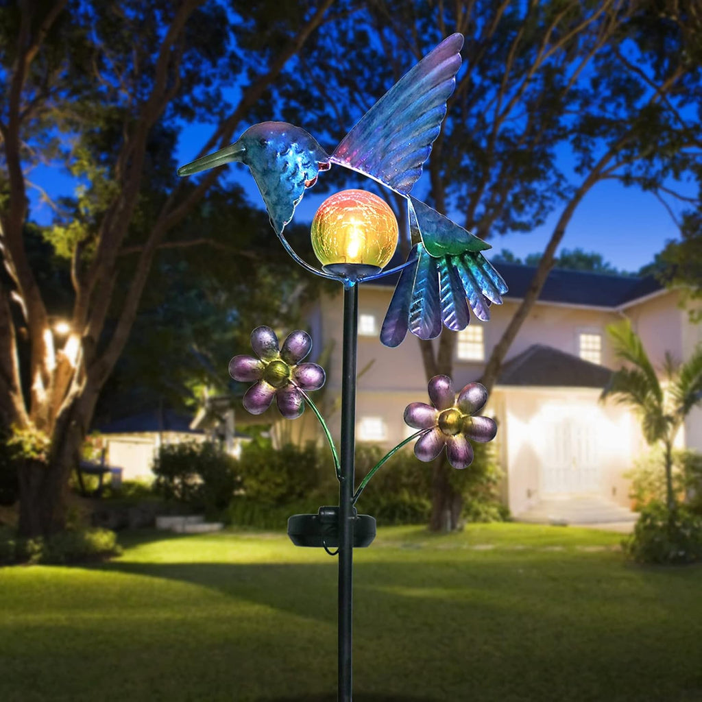 Afirst Solar Garden Stake Lights - Outdoor Waterproof Decorative Solar Hummingbird LED Warm Crackled Glass Globe Lights for Walkway, Pathway, Yard, Lawn