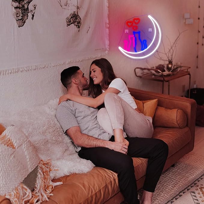 Two Cats on Moon Neon Sign,Cute Couple Kittys Neon Lights for Wall Decor,Kawaii Animal 3D LED Neon,USB Light Up Signs for Girls Bedroom Bar Home Party Valentine's Day Cat Lovers Weddings