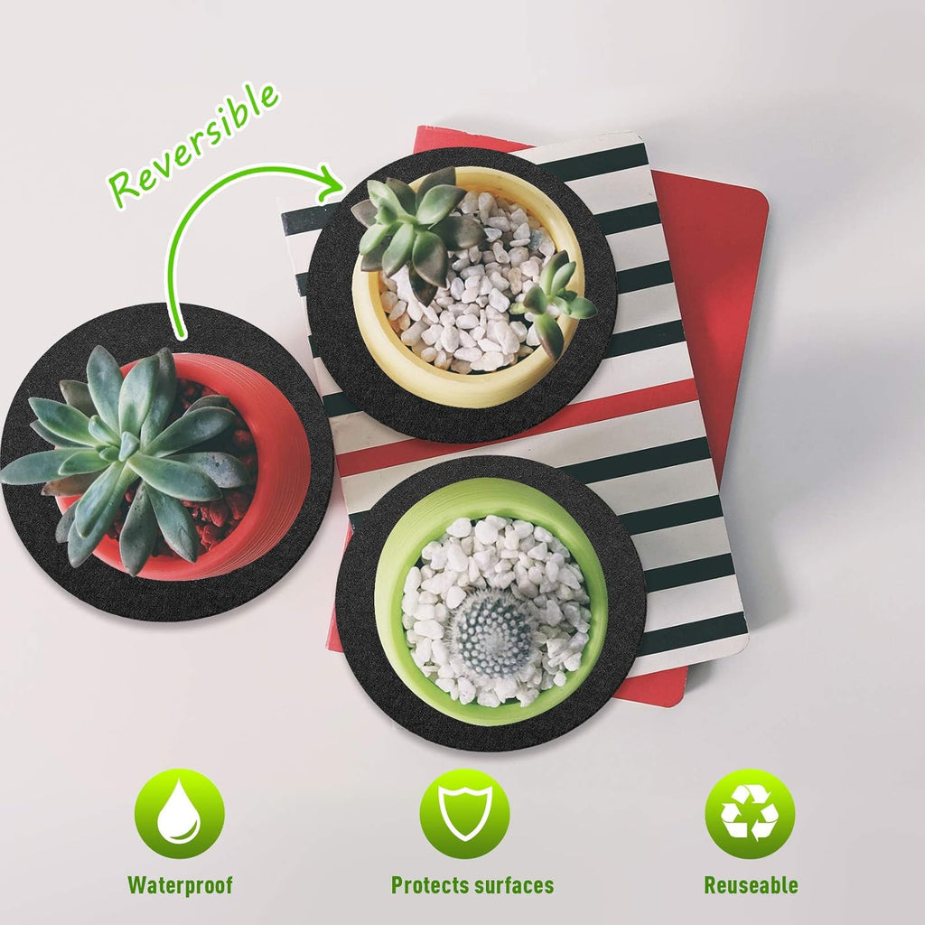 Patelai 8 Pieces Black Plant Coasters 4 Sizes Felt Cork Plant Reversible Round 4/6/ 8/10 Inch Fabric Cork Trivets Pads for Drinks Absorbent Waterproof Tray Pot for House Indoor