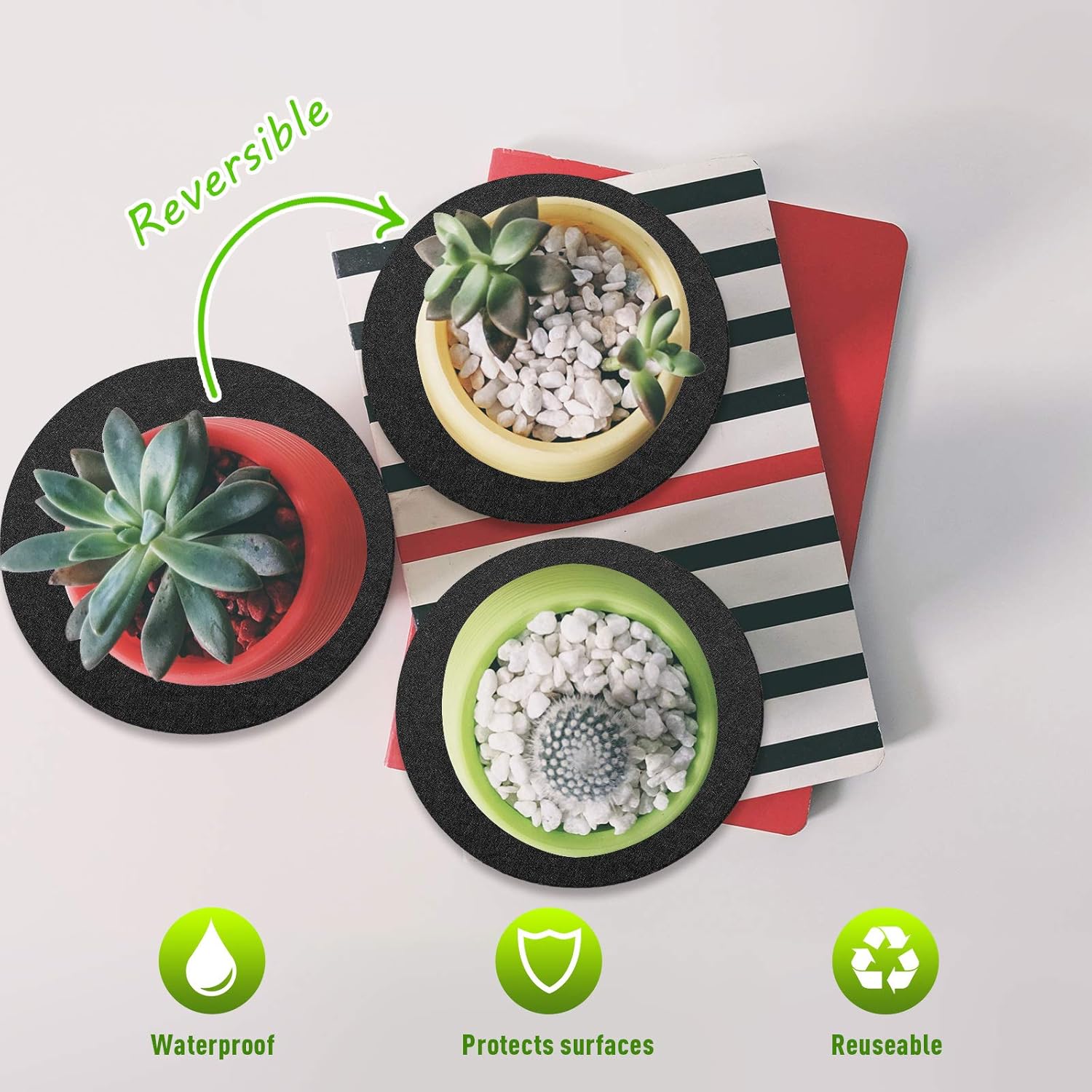 Patelai 8 Pieces Black Plant Coasters 4 Sizes Felt Cork Plant Reversible Round 4/6/ 8/10 Inch Fabric Cork Trivets Pads for Drinks Absorbent Waterproof Tray Pot for House Indoor