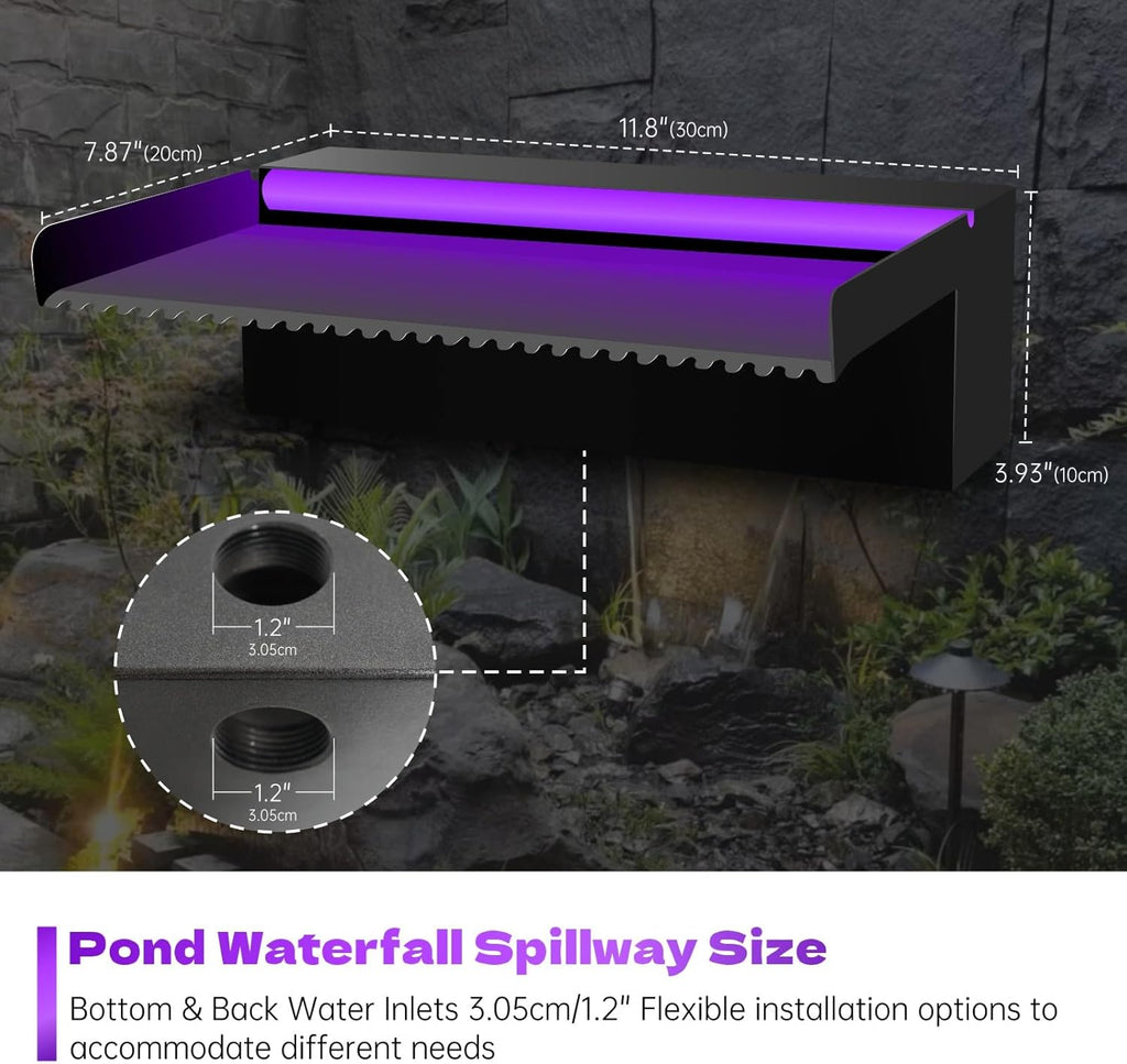 Pool Waterfall Spillway Stainless Steel Pond Fountain, APP Control Colorful LED Lighted Outdoor Black Fountains, Water Flow Spillways Kit for Koi Pond, Swimming Pool, Garden-11.8"x7.8"x3.9"
