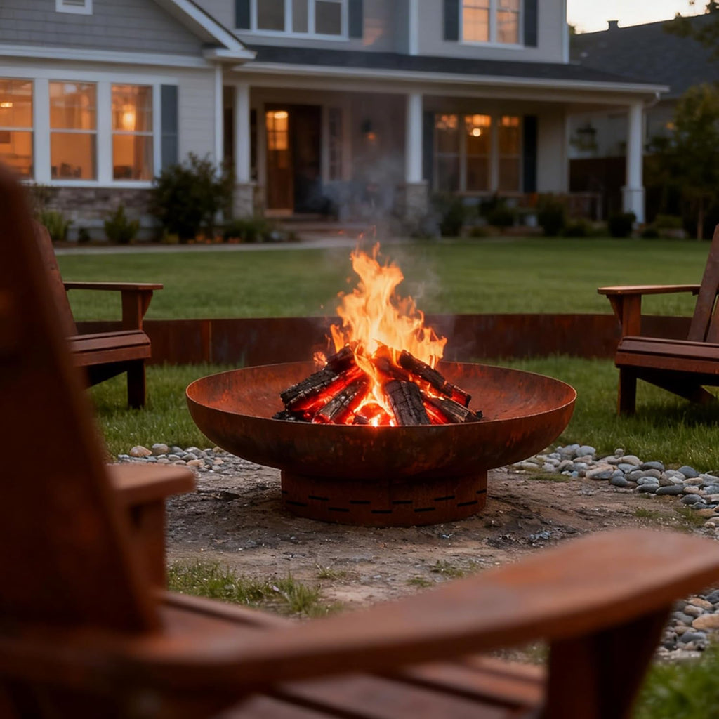 KOL 35" Dia. Heavy-Duty Fire Pit - Pre-Rusted Corten Steel Round Firepit Large Fire Bowl with Stand - Weathering Steel Wood Burning Fireplaces for Outside Backyard Deck Party Bonfire