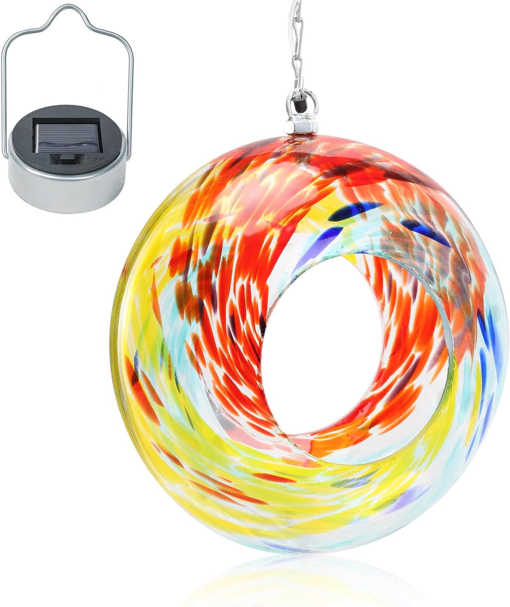 VCUTEKA Bird Feeder Solar Fly Through Bird Feeders for Outside Hanging with Round Shape Glass Container to Attract Wild Birds for Garden Decor, Solar Birdfeeder as Gift for Lovers, Red 8-Inch