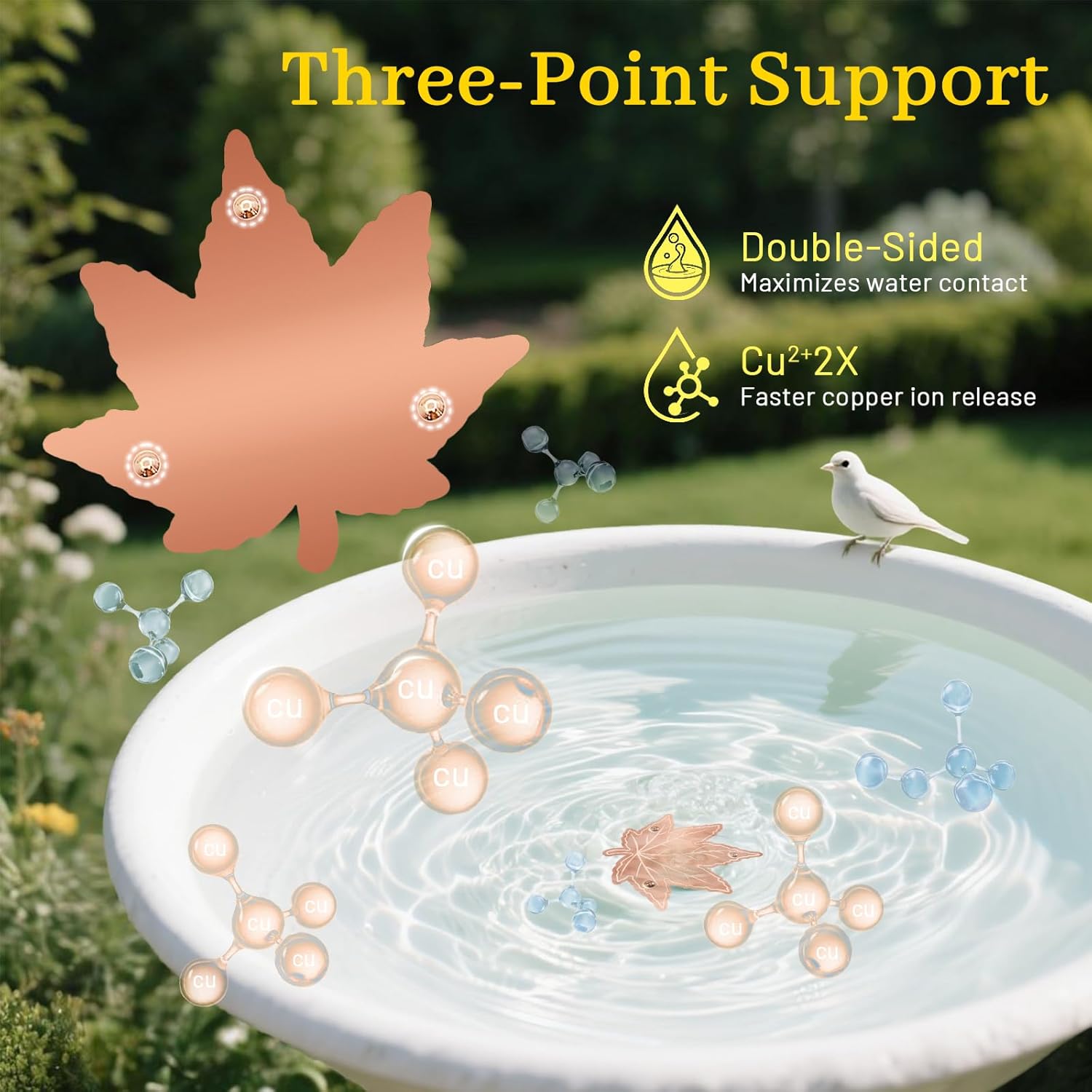 Bird Bath Copper Disk,Bird Bath Purification Disk 0.6mm Reinforced 99.99% Pure Copper Cleaning Disk with 3-Point Support,Fits Outdoor Birdbath & Bowl,Provide Safe Clean Water,Maple Leaf-4Pcs