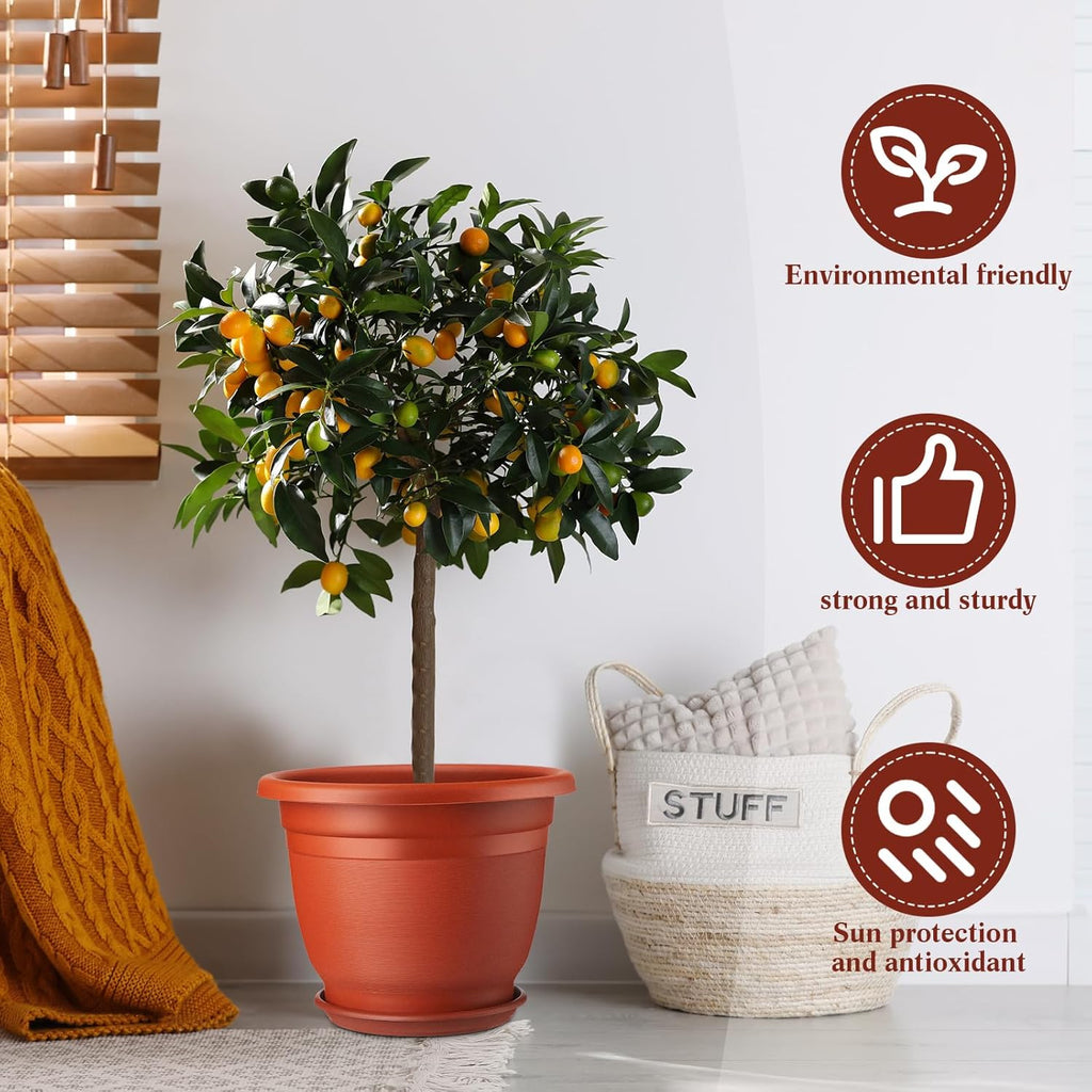 12 Pack 8+'' Plastic Plant Pots Round Planter Pots with Saucer Tray Seedling Pots with Holes Seed Resin Plant Pot Starting Nursery Flower Container with Pallet for Garden Outdoor Indoor