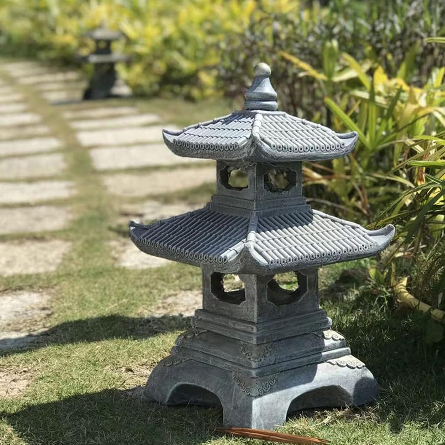 Outdoor Zen Garden Lantern - 2 Tier Pagoda Garden Statue, Stone Lantern, Japanese Style for Zen Lawn Garden Decoration and Christmas Ornament (Dark Gray)