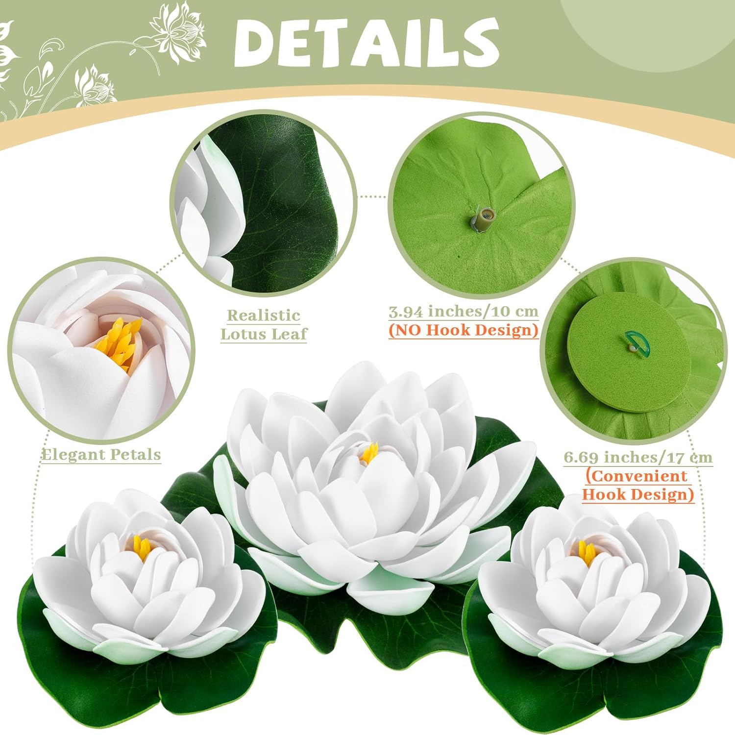 Yunlly 24 Pcs Floating Foam Lotus Flower with Water Lily Pads Artificial Floating Pool Flowers Lifelike Pond Accessories Floating Pool Decorations for Home, Garden Aquarium Party Wedding Decor, White