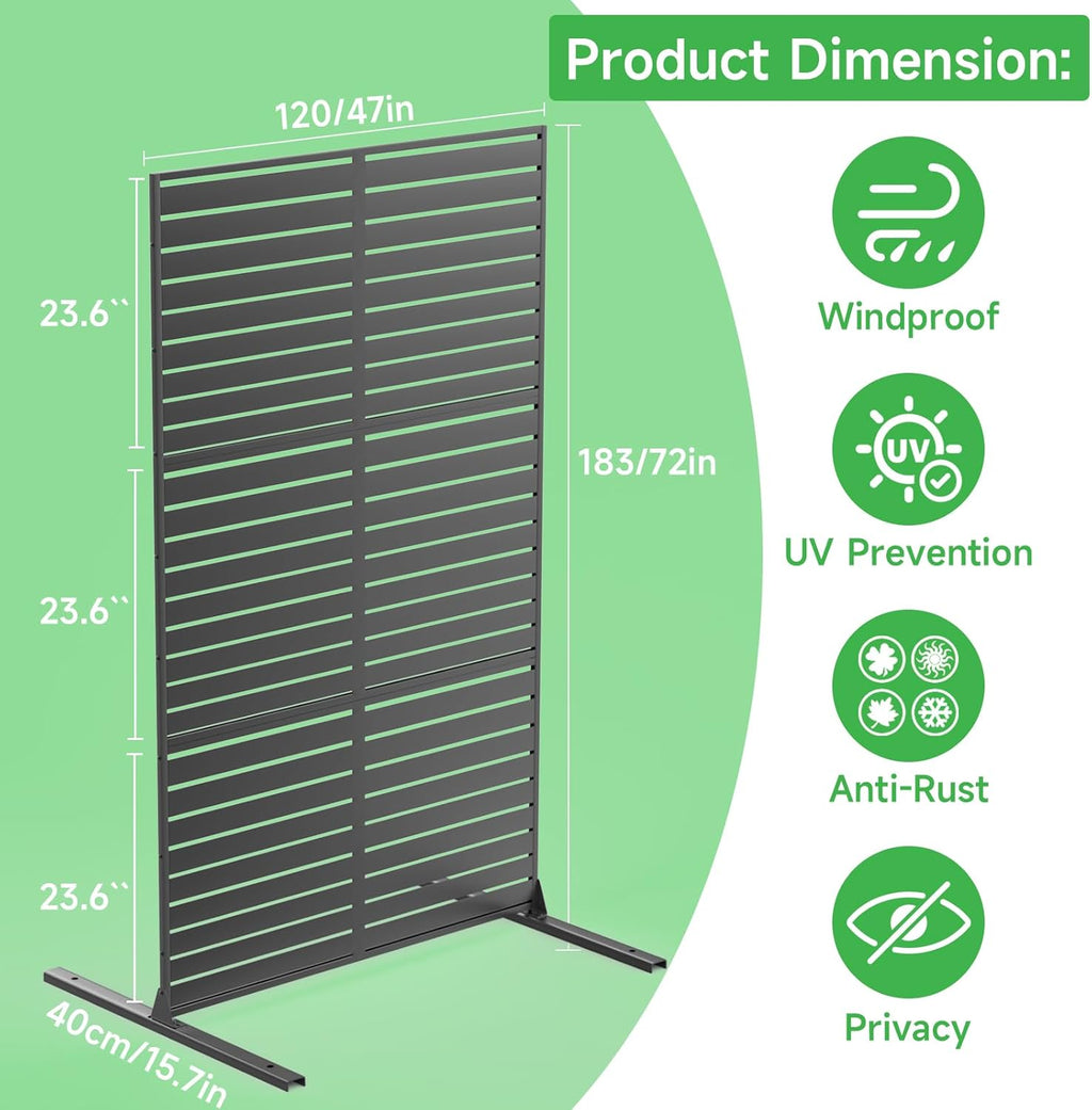 Metal Privacy Screen 72" H x 47.2" Decorative Outdoor Privacy Screen Privacy Panel with Stand for Balcony Deck Patio Lawn Garden, Privacy Fence (Black-Louvered)
