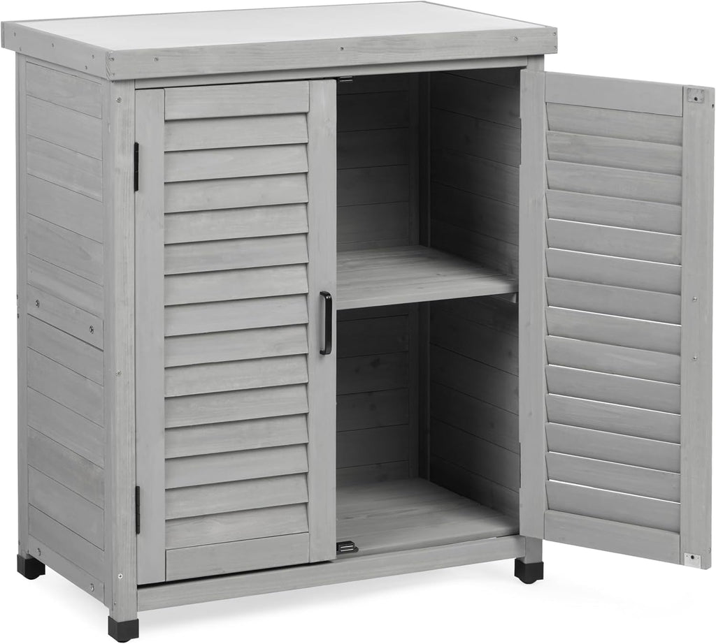 Potting Bench with Storage Cabinet and Metal Table Top for Outdoor Patio, Garden Furniture Wood Workstation