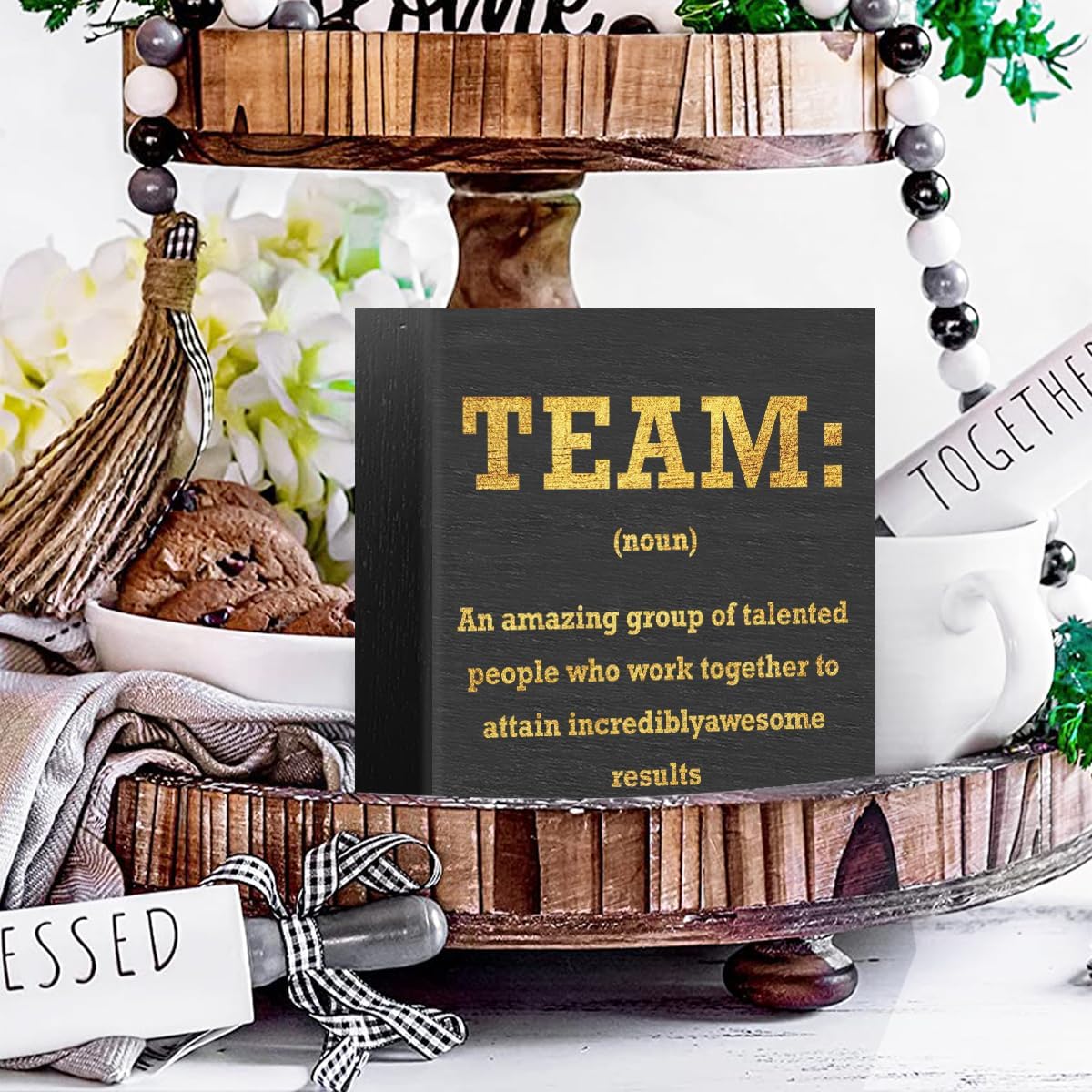 Motivational Team Noun Office Decor Wooden Box Sign, Office Desk Decor Cubicle Desk Accessories, Office Decorations for Work, Coworker Gifts Table Shelf Plaque Sign, Inspirational Wall Decor, Black