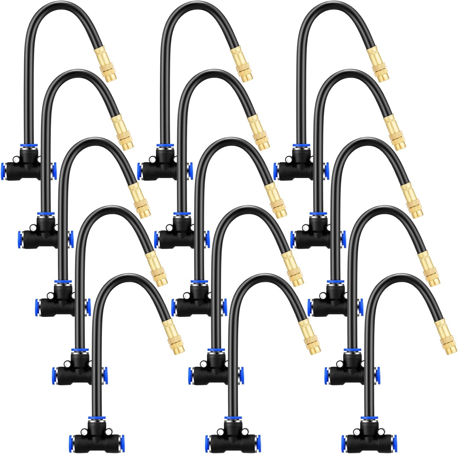 Zonon Brass Misting Nozzles Tee with Built in Hose 360 Degree Rotation Adjustable Water Mister Nozzles Thread Sprayer 0.043" Misting Parts and Accessories for Patio Outdoor Cooling(15 Pcs,8 Inch)