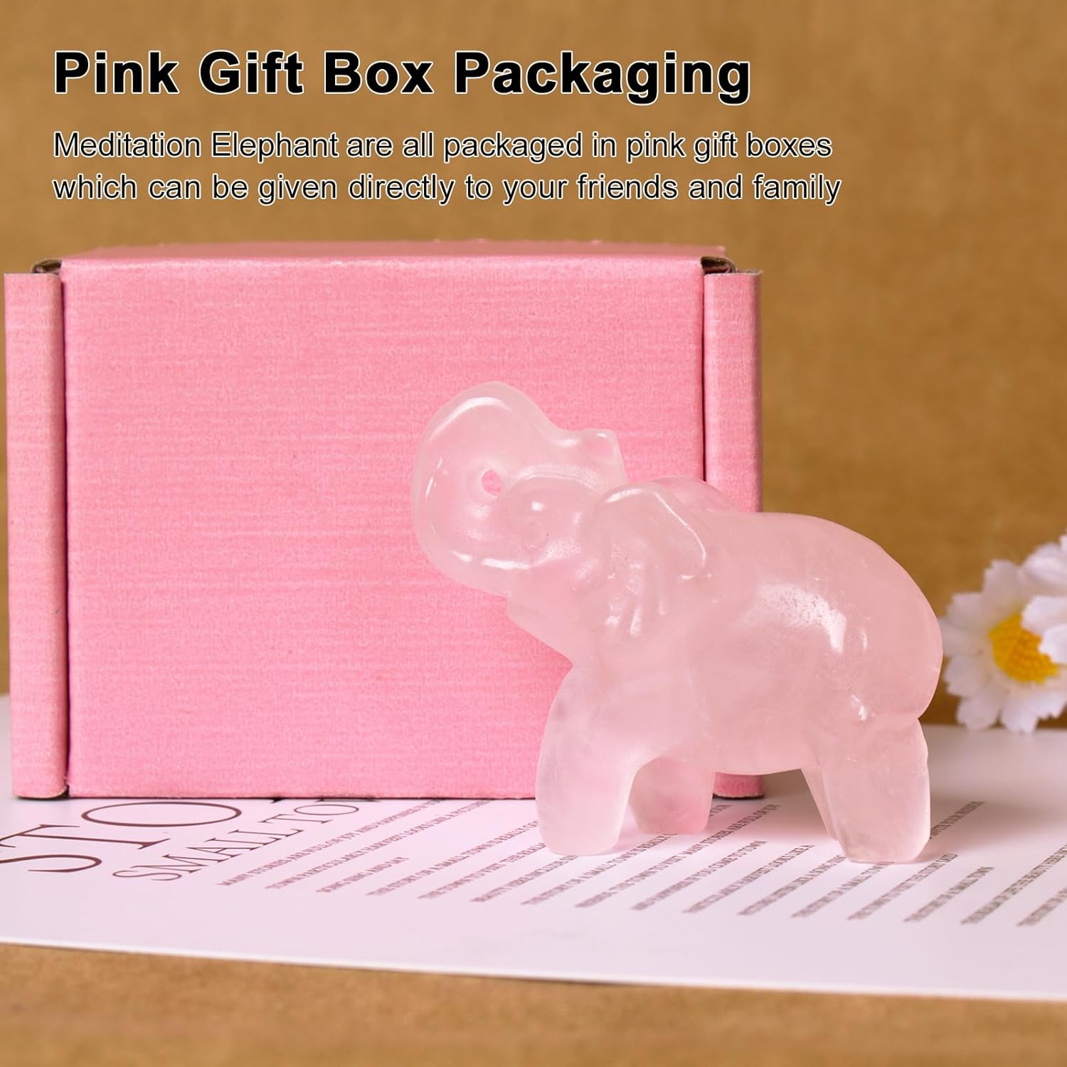 2 Inch Rose Quartz Crystal Elephant Sculpture Handcrafted Healing Stone Animal Figurine Spiritual Home Decor Lucky Charm Gift for Wealth Success Positive Energy and Meditation Lovers