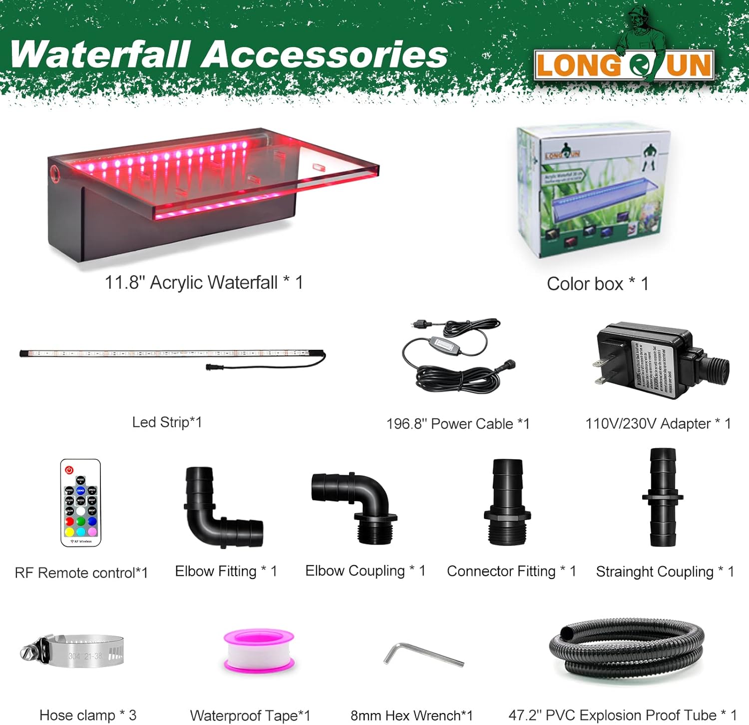 LONGRUN Waterfall Spillway Multi-Color LED Light Outdoor Pool Fountain, Acrylic Water Spillway Koi Pond Waterfalls Fountains Kit for Garden Patio Swimming Pool Koi Ponds Decoration-11.8"