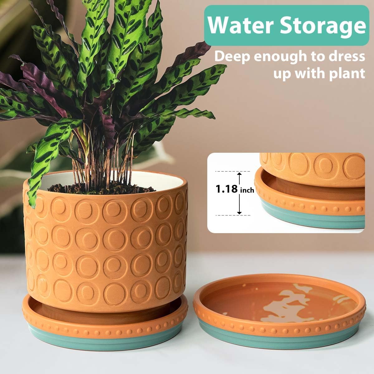 YBX 8-inch Plant Saucer Premium Terracotta Saucer Round Ceramic Plant Trays, Pack of 2 (Turquoise/Terracotta)