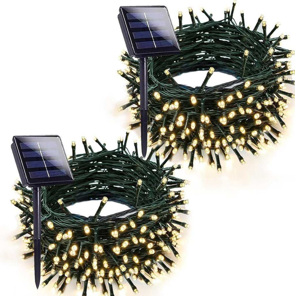Warm White Solar Christmas Lights Outdoor Decorations Waterproof, Tatal 2 Pack 200LED 66FT Solar String Lights Green Wire with 8 Modes, Christmas Fairy Light for Xmas Tree Party Wedding Garden Decor