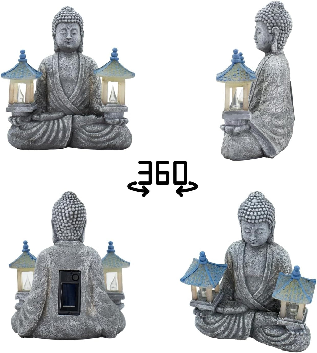 Meditating Buddha Statue with Solar Lights, Zen Garden Decor for Home, Patio, Yard, Outdoor – Unique Gift for Women and Friends(Two Pavilions)