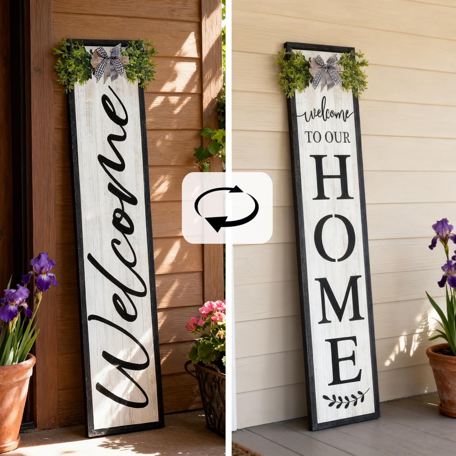 Double-sided Welcome to Our Home Wooden Sign Stand with Magnetic-adhesive Wreath for Front Door, 47" Vertical Farmhouse Welcome Porch Sign, 2in1 Large Tall Porch Leaner Decor for Outdoor Patio Garden