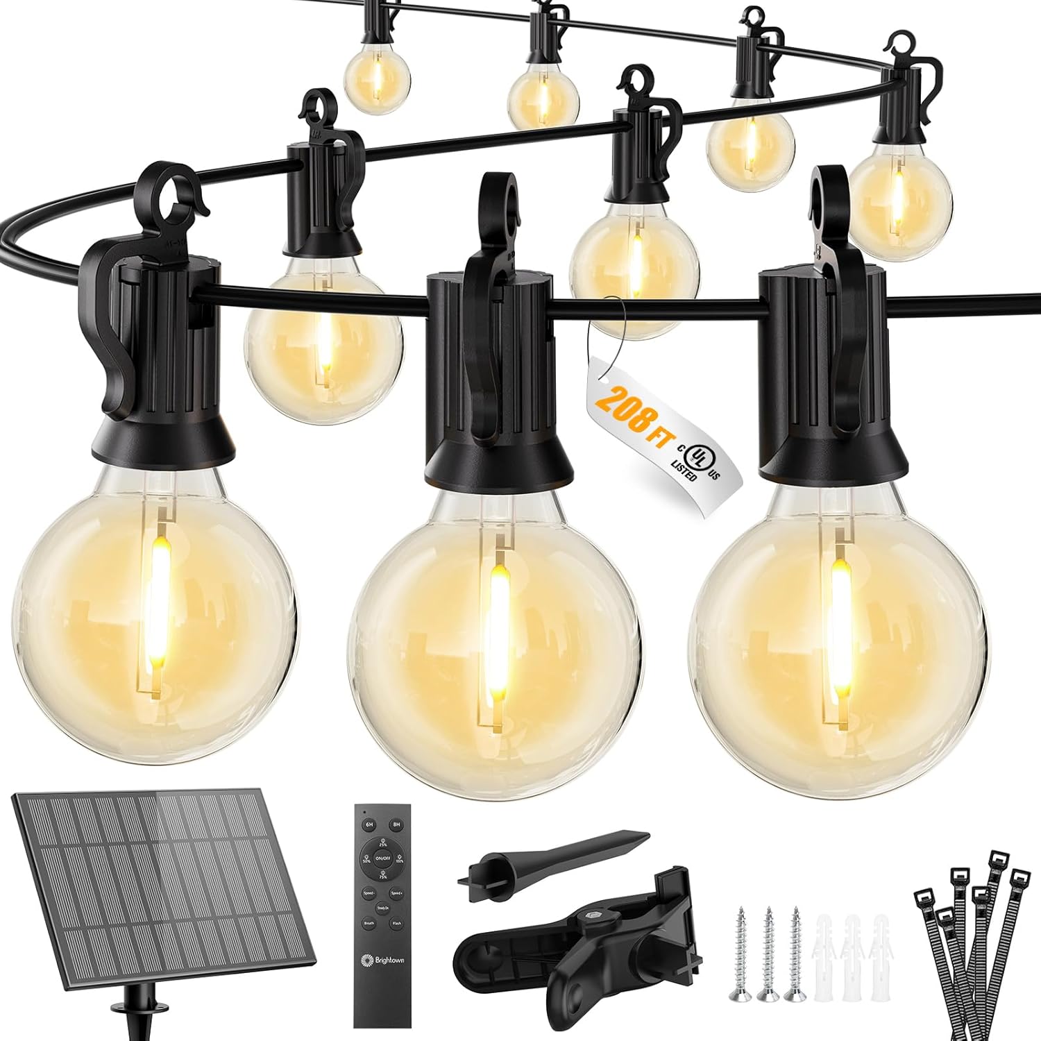 Brightown 208FT Solar String Lights Outdoor with Remote and 102 LED Shatterproof Bulbs, Dimmable & Timable, 3 Light Modes, Solar Patio String Lights Outdoor for Cafe, Garden, Deck, Outside Wedding