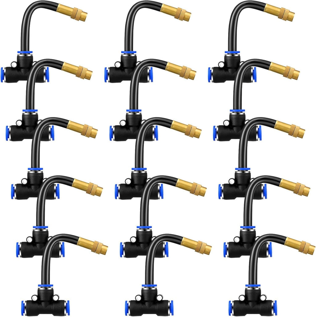 Zonon Brass Misting Nozzles Tee with Built in Hose 360 Degree Rotation Adjustable Water Mister Nozzles Thread Sprayer 0.043" Misting Parts and Accessories for Patio Outdoor Cooling(15 Pcs,4 Inch)