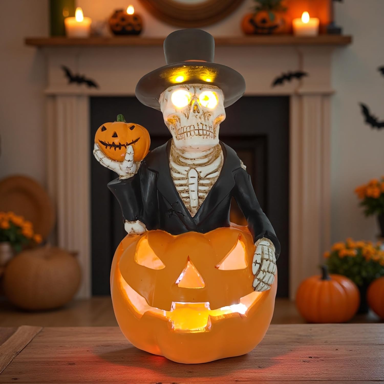 Halloween Solar Skeleton Pumpkin Lights Decor, Led Jack-O-Lantern Pumpkin Skulls Statue Figurine Light for Outside Garden Yard Porch Halloween Party & Home Indoor Outdoor Decorations