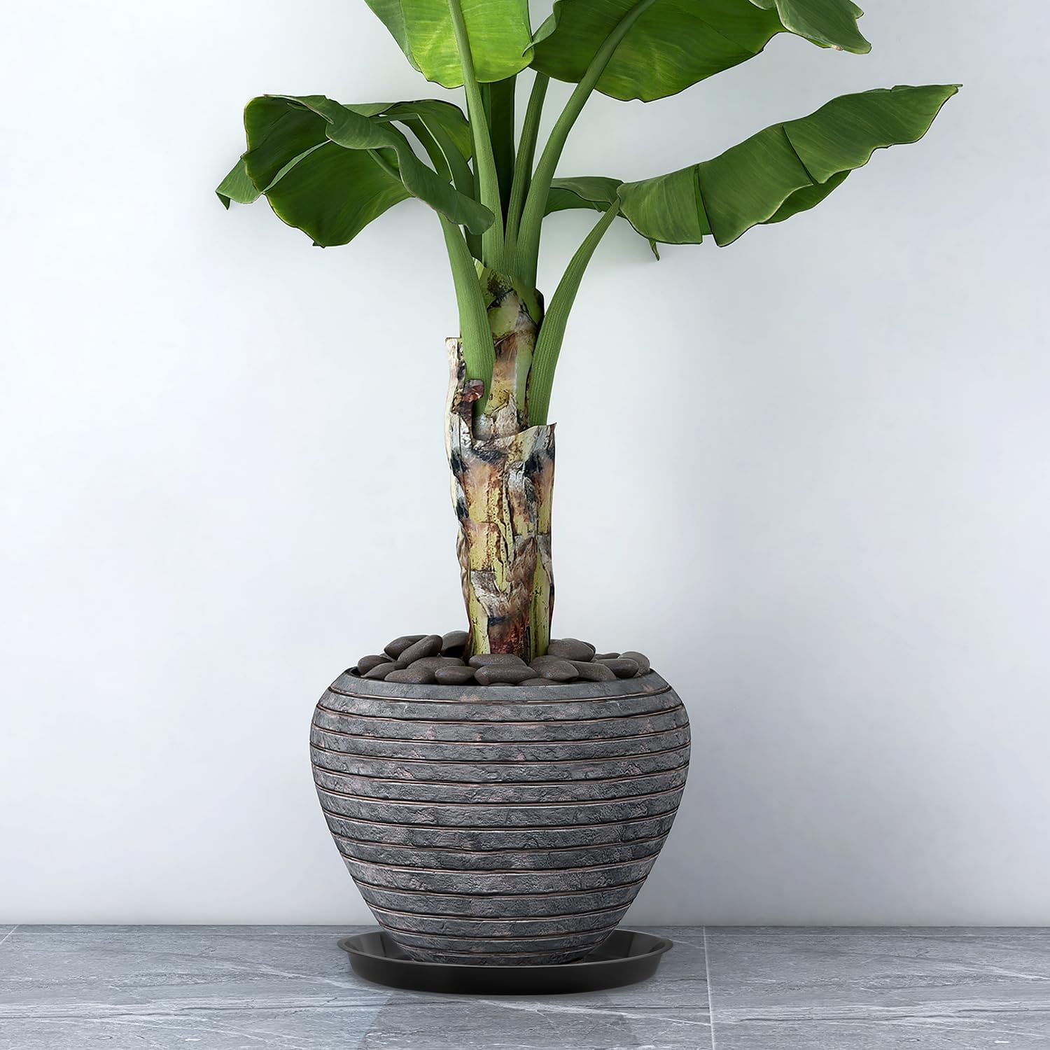 Kichwit 4 Pack 13.5 Inch Plant Saucer, Round Plastic Plant Trays for Indoor & Outdoor (Black, 13.5 Inch)